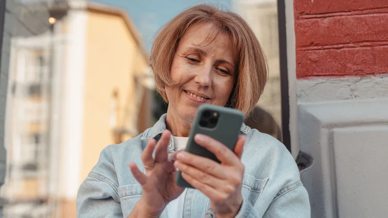 Happy Credit Cube borrower checking loan approval status on phone outdoor